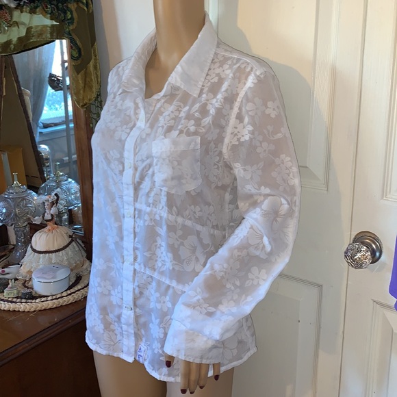 Vintage West Beach sheer white hibiscus flower button down shirt blouse top M - Picture 5 of 15